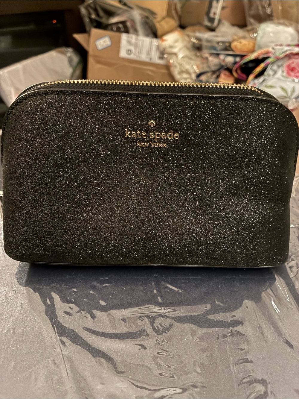 kate spade Black Glitter Cosmetic Pouch with Gold-Tone Logo - Picture 2 of 4